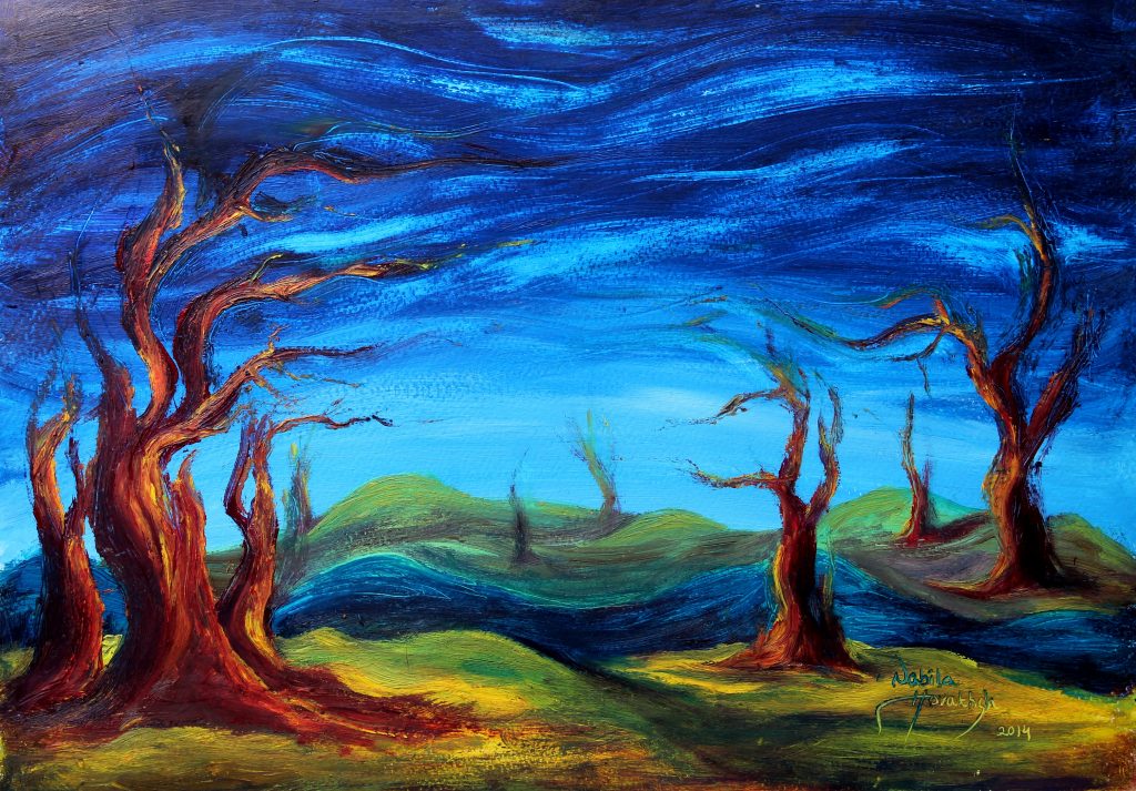 Blue landscape painting by Nabila Horakhsh
