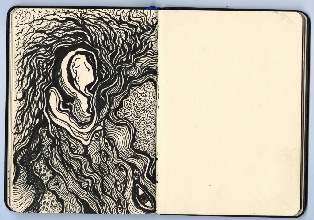 Between the Lines, ink drawing by Nabila Horakhsh